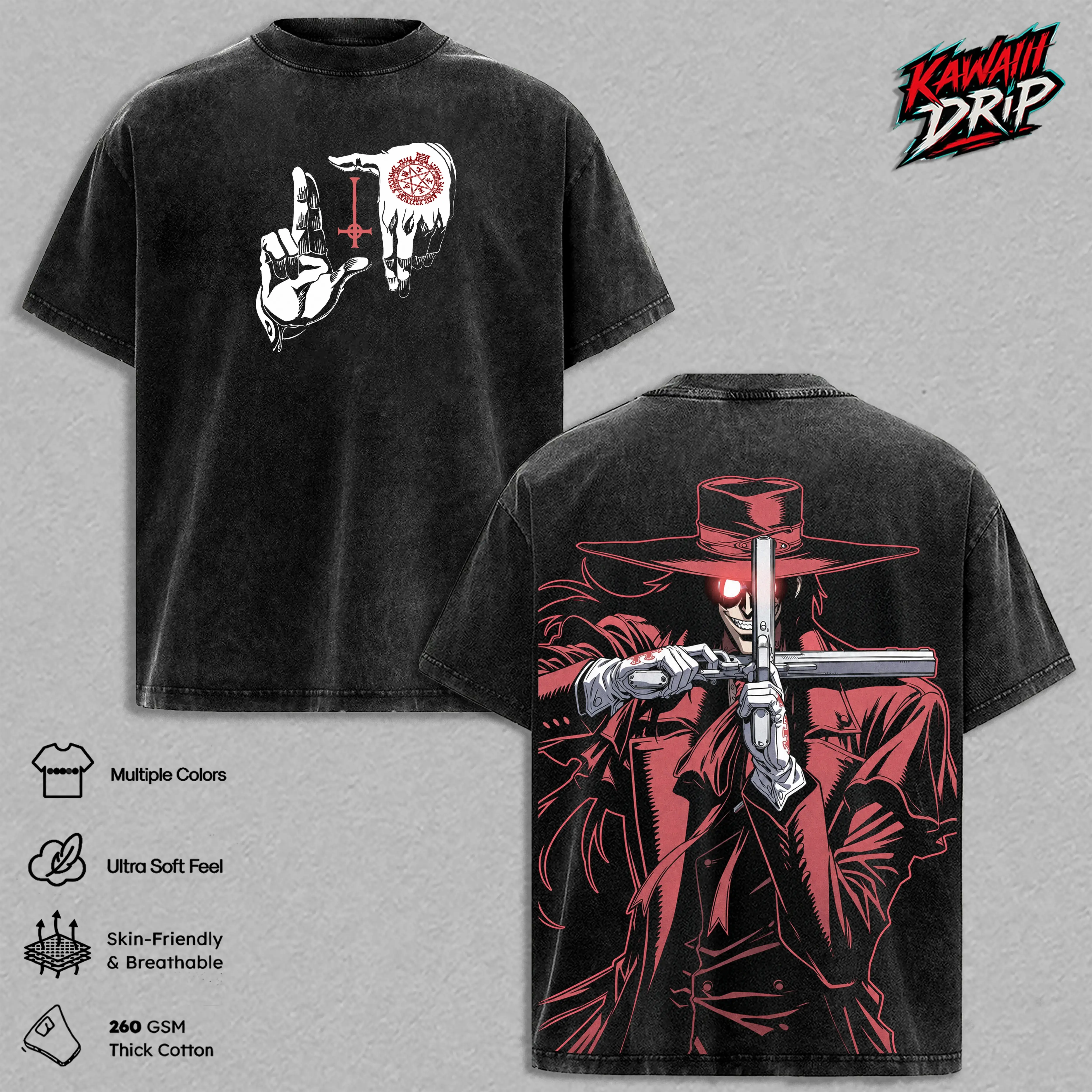 Alucard Hellsing Ultimate Vintage Washed Graphic T-Shirt Heavyweight Cotton Oversized Anime Tee Unisex Y2K Streetwear Top Essential Vampire Manga Shirt Perfect Gift For Hellsing Fans Men Women Dark Aesthetic Clothing Distressed Wash Graphic Tees TikTok