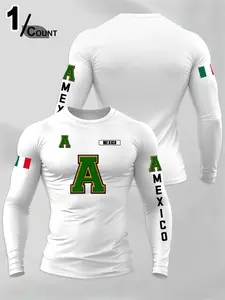 Men's Mexican Eagle Snake Pattern Long Sleeve T-Shirt, Round Neck Fitted Style, Letter Flag Print, Comfortable Breathable Athletic Training Apparel for Gym Running Training Cycling