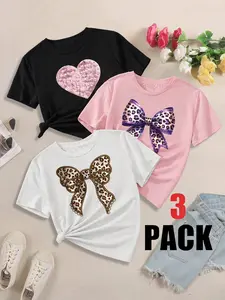 Girls' Leopard Bow Heart Print 3-Pack Graphic Tee Short Sleeve Round Neck T-Shirt, Casual Elastic Fabric, Perfect for Gifts and Summer Outdoors