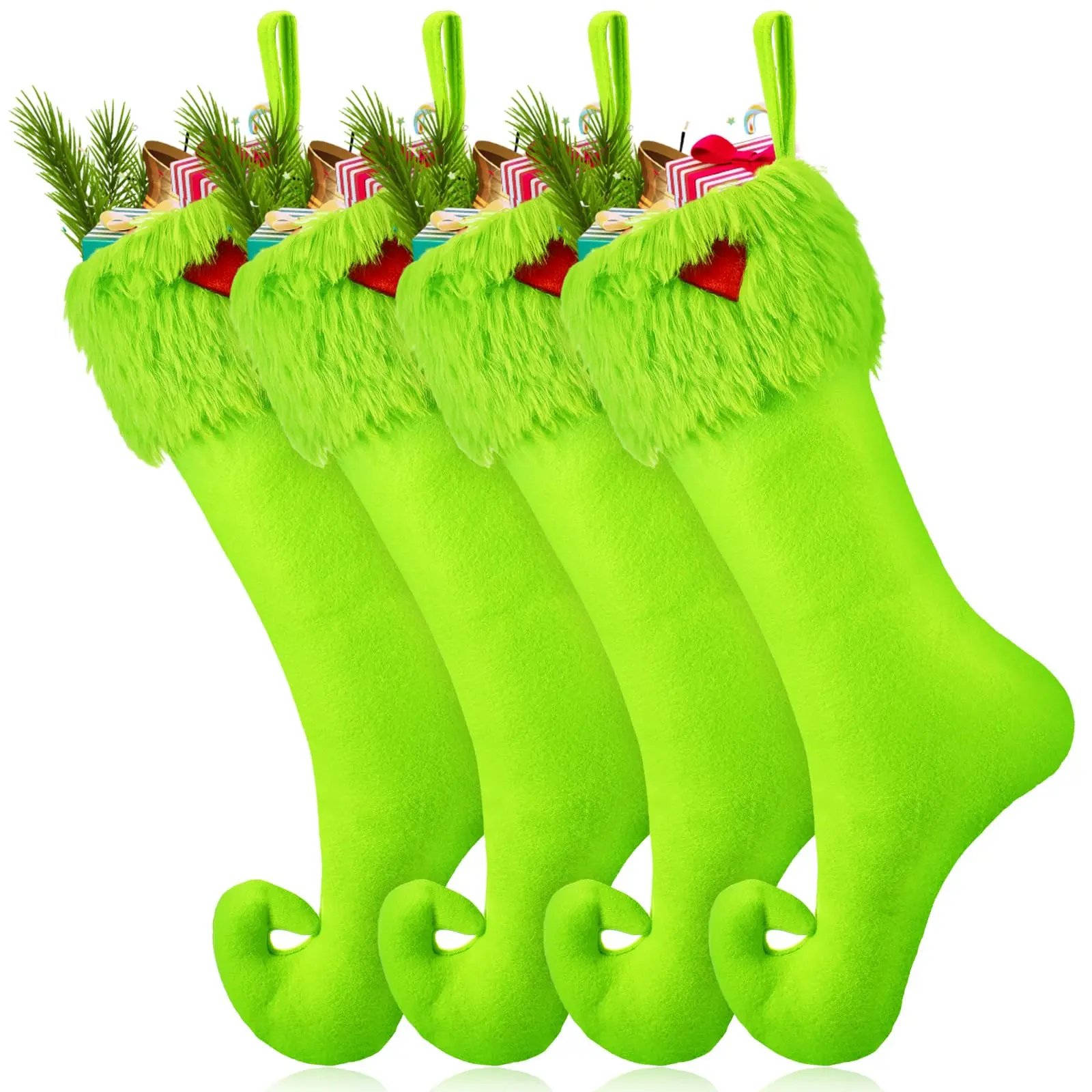 Christmas Stockings 24/4 Pcs Cute Large Capacity Funny Green Furry Christmas Decor Mini Dot Xmas Stockings Candy Bag Green Christmas Monster Decoration Home Door Wall Fireplace Stocking Stuffer Burr Basket Christmas Gifts