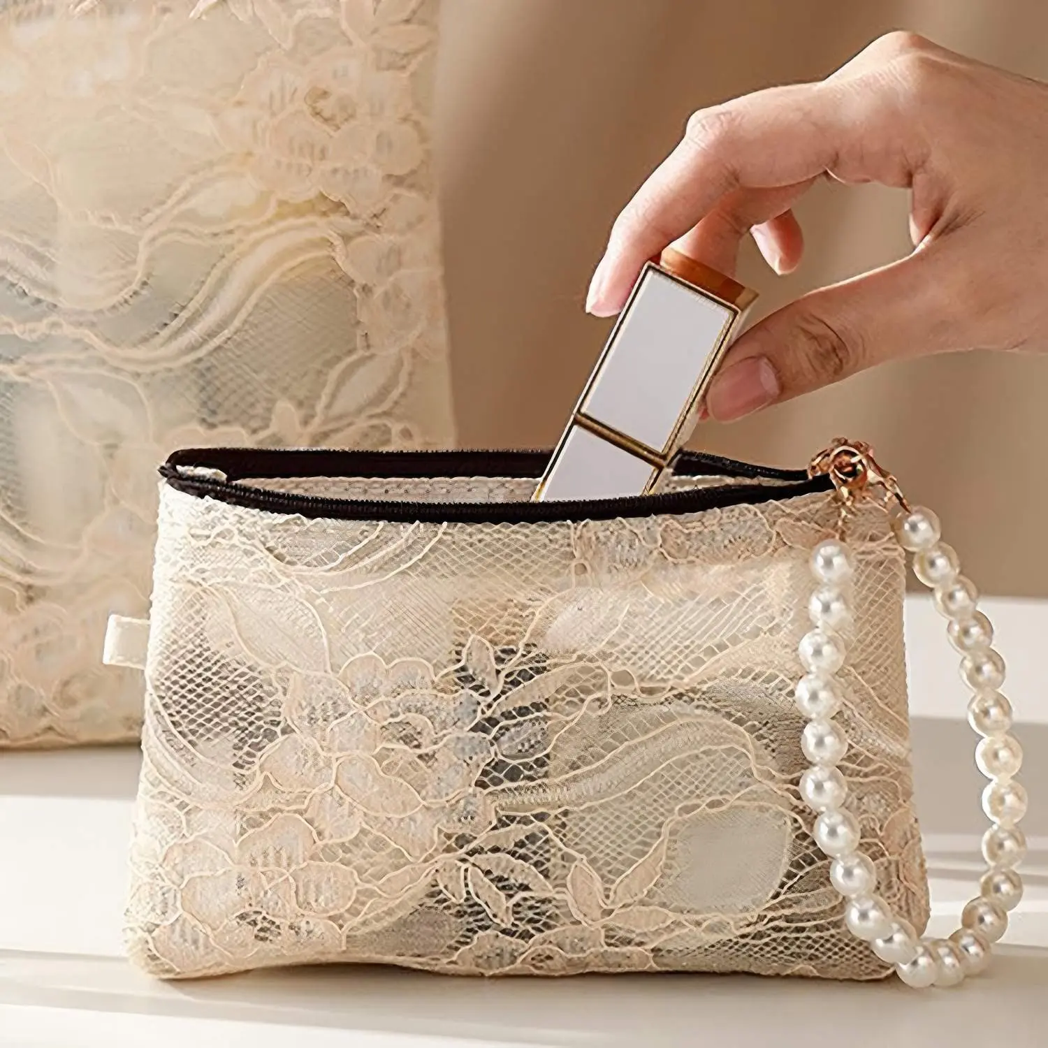 Lace Makeup Bag, Travel Vanity Case, Evening Party Pouch, Portable Phone Key Coin Organizer, Compact Storage Solution, Cosmetic Pouch, Cosmetic Bags