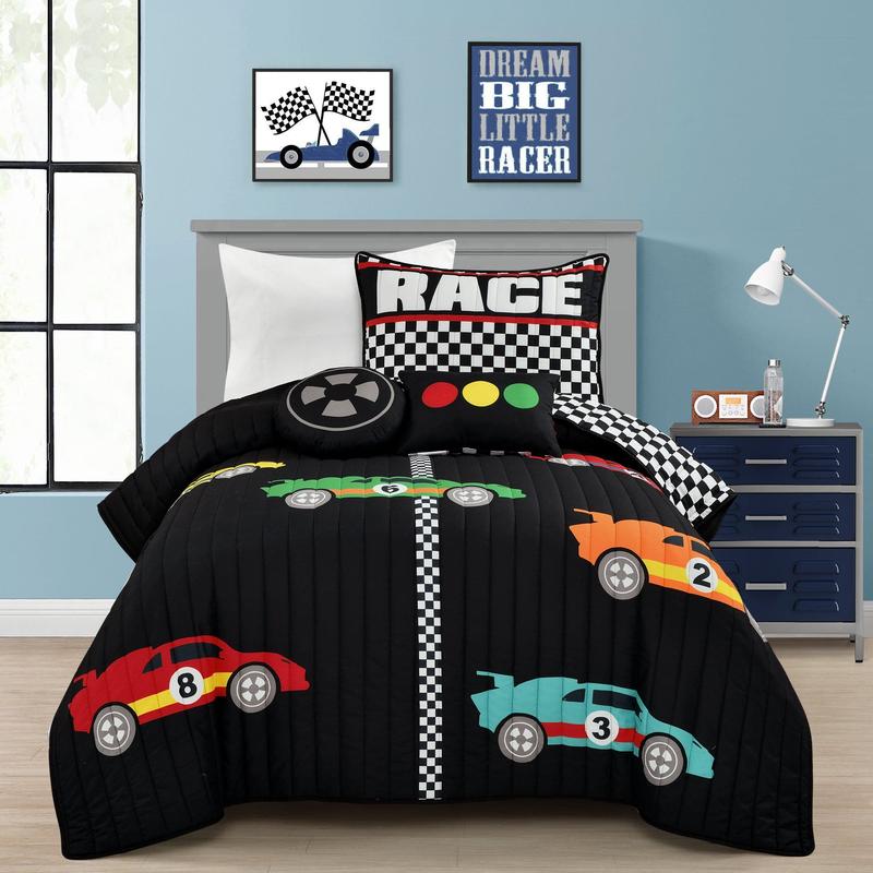Lush Decor Racing Cars Quilt Set 4Pc or 5Pc - Microfibre Cartoon Pattern Blanket - Twin/Full/Queen Sizes with Reversible Shams & Decorative Pillows - OEKO-TEX Certified