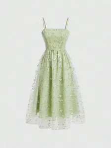 Ladies' Floral Embroidery Splicing Mesh Cami Dress,Light Green Embroidered Mesh Midi Dress, Floral, Spaghetti Strap, Tulle, Wedding Guest, Bridesmaid, Party, Garden, Reception, Elegant, Summer, Event, Anniversary, Feminine, Soft, Romantic, Prom, Gathering