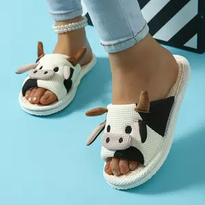 [Comfortable EVA Slip-On Slippers] Cow Pattern Slip-On Slippers For Women, Comfortable Casual Indoor Home Shoes With EVA Sole And Fabric Upper, All Season Cartoon Style