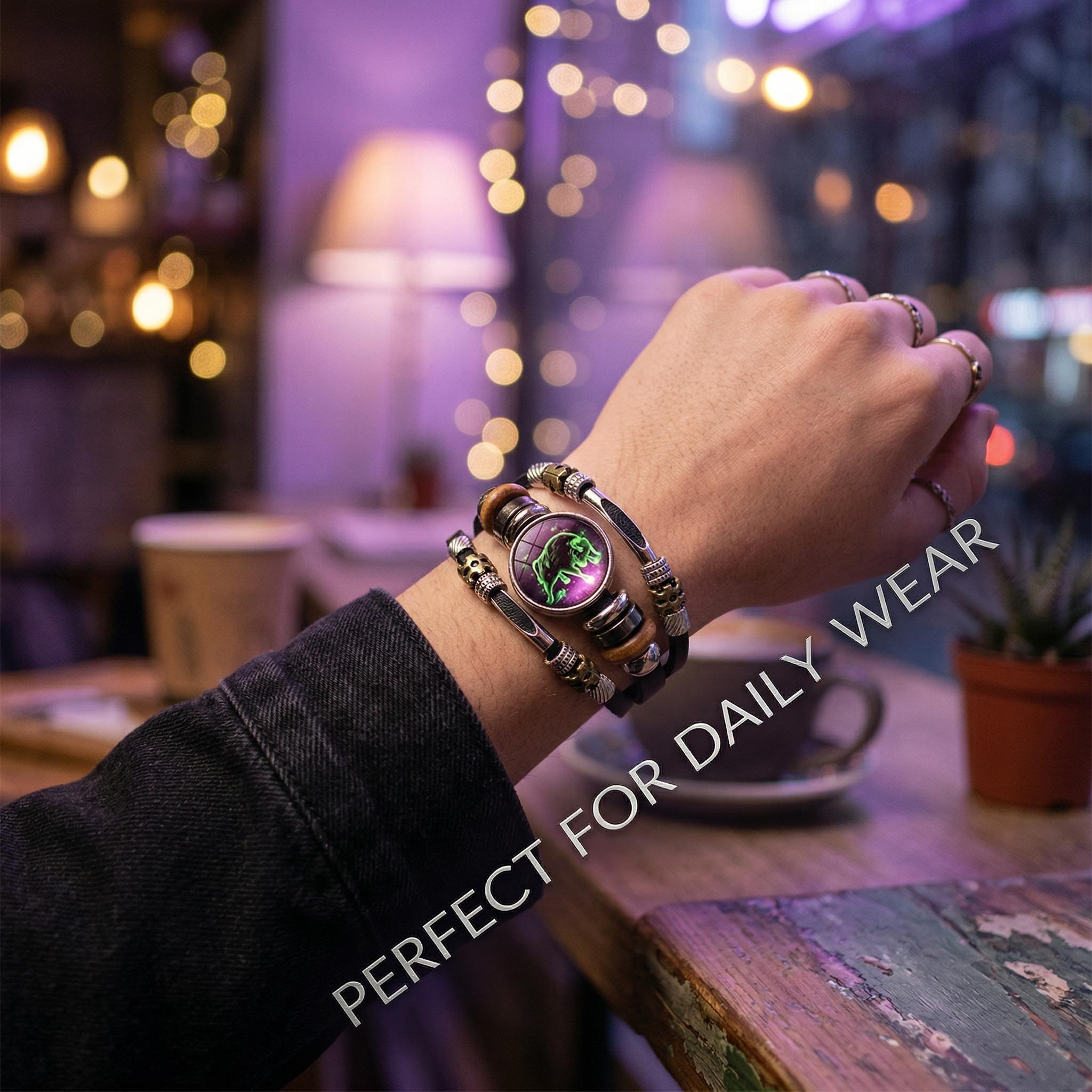 Glow-in-the-Dark 12 Zodiac Signs Leather Bracelet for Women 6.9in/8.1in Fashion Jewelry, Gifts Accessory