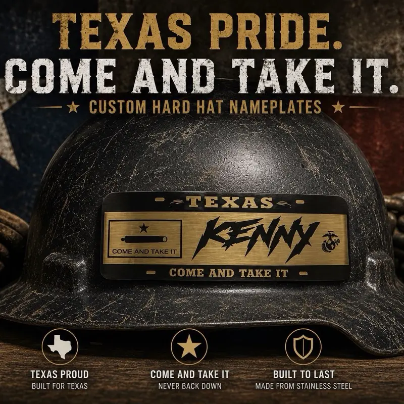 Texas Come And Take It Name Tag Personalized Hard Hat Name Tag Stainless Steel | Veteran Made Personalized Welder & Refinery Name Tag | Polished Metal Badge for Tradesmen, Linemen & Blue Collar Workers