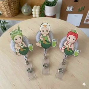 Cute Angel Baby Matcha Badge Reel - Kawaii Strawberry & Matcha Whisking Character Retractable ID Holder - Fun Acrylic Name Tag Clip Gift