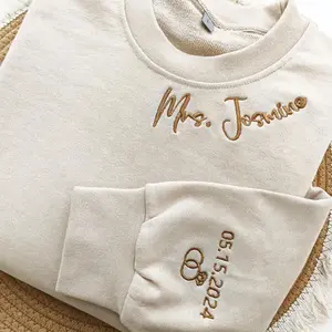 Custom Mrs. Embroidered Sweatshirt, Personalized Bride Crewneck with Name and Date, Future Mrs. Sweater with Rings on Sleeve, Wedding or Bridal Gift for Her