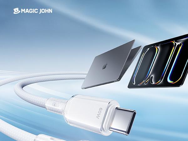 MAGIC JOHN 60W USB-C to USB-C Cable, 4FT Nylon Braided Fast Charger Cord, 480Mbps Data Transfer, Durable USB Type C Charging Cable for iPhone 15, MacBook, iPad Pro, Samsung Galaxy