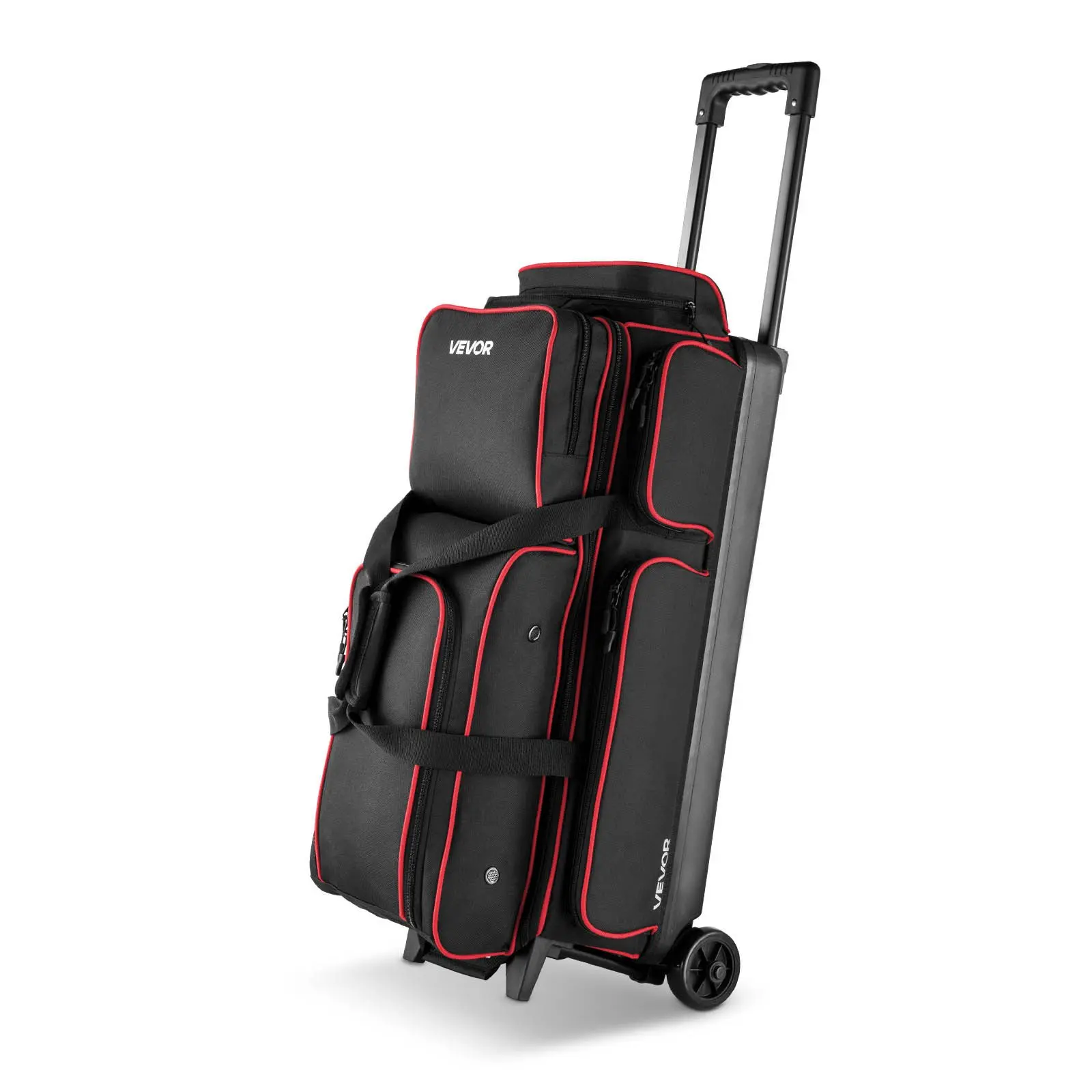 VEVOR 3-Ball Double Roller Bowling Bag with Wheels, Separate US Size 16 Max Shoe Compartment, Oversized Accessory Pocket, 41.34in Retractable Handle, Bowling Ball Bag