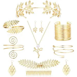 LOLIAS 9 Pcs Greek Goddess Costume Accessories Set for Women Golden Laurel Leaf Crown Headband Upper Arm Coil Bracelet Pearl Leaf Dangle Earring Artificial Pearl Earrings Necklace Bridal Wedding