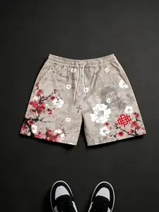 Unisex style, trendy streetwear for spring, summer, Tropical, beach vacations, and casual shorts featuring floral and Jesus's cross patterns, ideal for street fashion, trendy outings, high-end culture