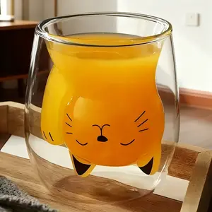 Cute kitten glass coffee mug, double-walled glass milk mug. Perfect for breakfast, coffee, juice, birthday and holiday gifts.