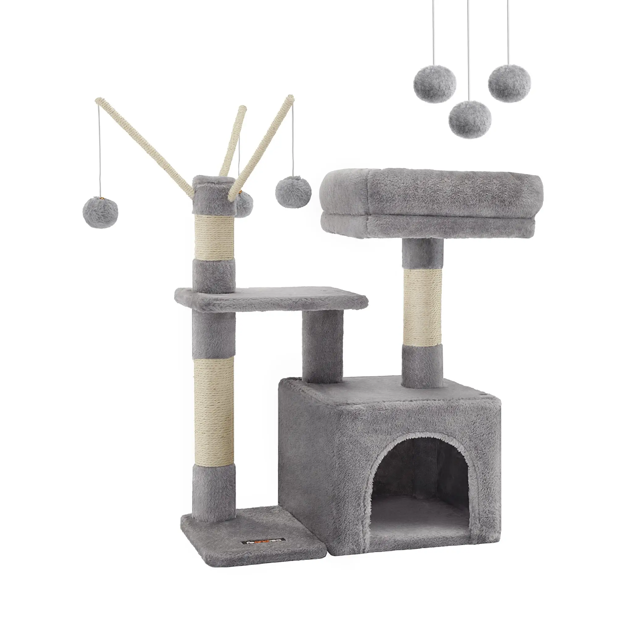 Feandrea by SONGMICS Home Cat Tree, Small Cat Tower with Padded Perch, Cat Cave, 3 Pompoms, Cat Activity Center, Light Gray UPCT121W01