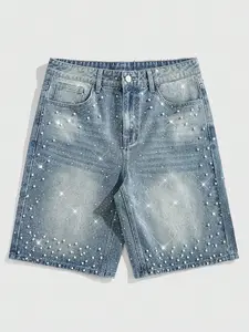 Men's Casual Loose Wide Leg Denim Shorts, All Seasons Street Style, Pure Color Pocket Design, Versatile Straight Fit Jeans