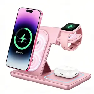 3 in 1 Wireless Charging Station, 15w Fast Charger with Night Light, Foldable, Compact for iPhone, Apple Watch, AirPods, Portable Travel Stand