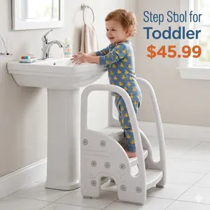 Garvee Toddler Step Stool with Handle Sides, Plastic 3-Step Non-slip Stool for Bathroom Sink, Kitchen Counter, Toilet Potty Training, Lightweight Standing Stool Helper