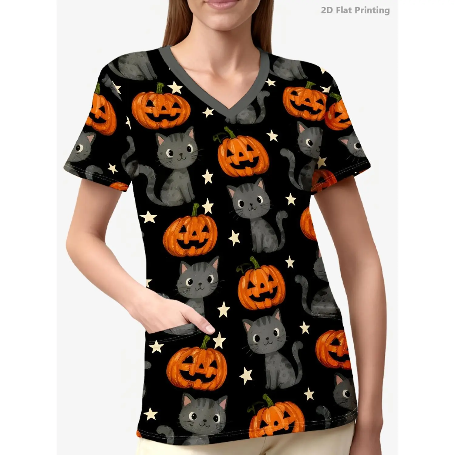 1pc Stylish V-Neck Women's Printed Caregiver Uniform, Breathable with Double Pockets, Halloween Dark Gray Cat Pumpkin Lantern Full Print, Retro Star Black Cartoon Design