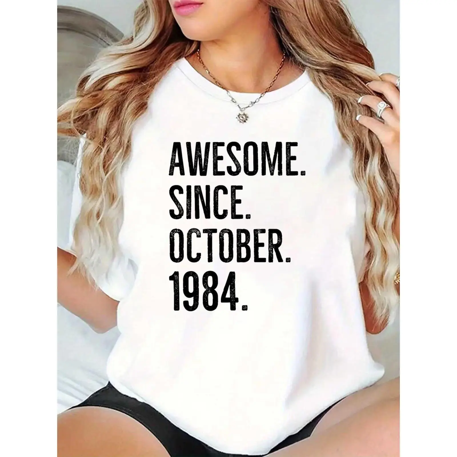 Women's Vintage 1984 Birthday Graphic T-Shirt - 100% Cotton Casual Regular Fit Short-Sleeve Round Neck Top with Vintage Text, Feminine Essential Ladies Clothes (Pairs with Skirts)