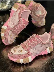Women's Letter Print Comfortable Thick Sole Diamond Embellished Shoes, Casual Streetwear Athletic Sneakers, All-Season Low Top Design