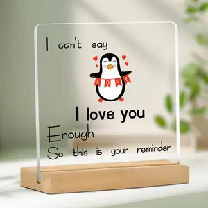 Penguin Letter Pattern Desktop Decoration, 1 Count Cute Acrylic Plaque with Wooden Base, Desktop Ornament for Home Office, Gift for Boyfriend