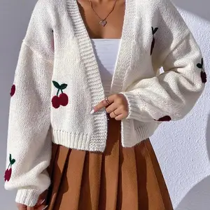 Women's Cute Cherry Print Open Front Drop Shoulder Cardigan, Fitted Design Lady Top, Comfort Casual Longsleeves Knitwear Top for Fall, Cardigan Sweater, Women's Simple Outerwear, Spring Outfit,  Fallfreshness, Casual Outfit， Versatile Styling