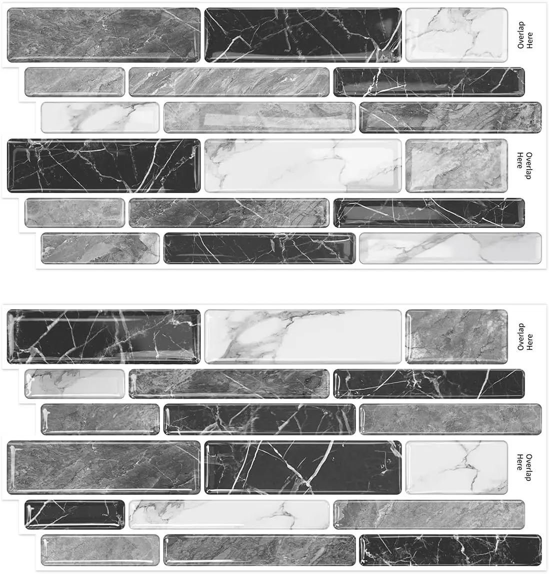 9.69x4.72inchx24Pcs Marble Subway 3D Self Adhesive Wall Tile Sticker, Peel and Stick Adhesive Waterproof Backsplash Stick Tile Decal for Kitchen Bathroom Wall, White Grey Black
