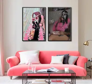 2Pcs Halloween Ghosts Mask Wall Art Modern Pink Academic Gothic Romantic Ghost Wall Decor Pictures Horror Funny Decoration Unframed (Poster, 12x16in)