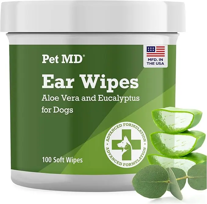 PET MD Dog Ear Cleaning Wipes - Otic Cleanser for Dogs to Stop Ear Itching - Aloe and Eucalyptus - 100 ct