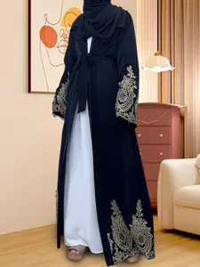 Women's Floral Embroidery Long Sleeve Open Front Abaya, Modest Muslim Outfits, Modest Casual Muslim Dress for Daily Wear, Women's Islamic Clothing for All Seasons