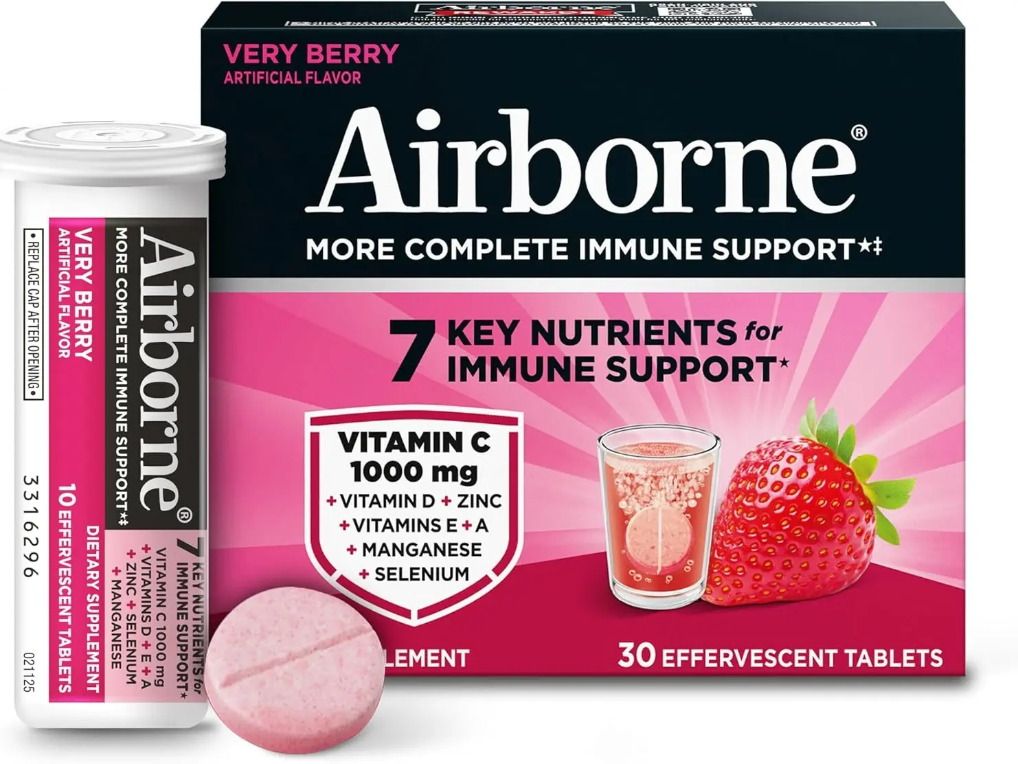 Airborne Immune Support Effervescent Tablets, Very Berry Flavor - 30ct, 1000mg Vitamin C, Vitamins A/D/E, Zinc, Selenium, Manganese, Herbal Blend - Sugar-Free, Gluten-Free