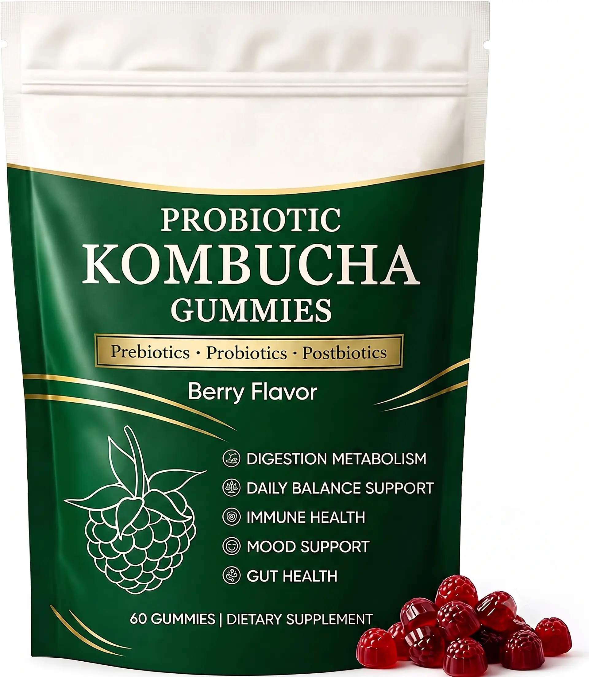 Jevawell Kombucha Gummies | Probiotic Kombucha Gummies Supplement for Women | with Postbiotics, Probiotics, Prebiotics | Support Gut Health | Bloating Comfort | Enhance Immunity | 60 Gummies