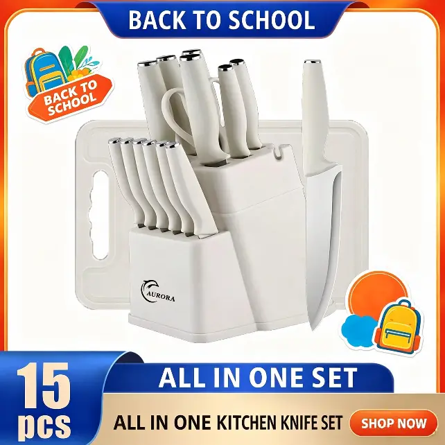15-Pcs High Carbon Stainless Steel Kitchen Knife Set - Ergonomic Curved Handle, 48HRC+ Hardness, German Modern Wood Block with Sharpener & Shears, 8.7" Sawtooth Steak Blades, 12.2" Chef Chop Blade, Plain Utensil Storage for Home Cooking Cutting