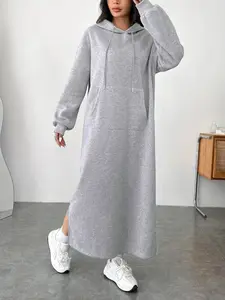 Women's Loose Fit Hooded Plus Size Sweatshirt Dress, Long Sleeve Casual Dress with Front Pocket, Casual Wear, Womenswear, All Season Comfort, Classic Must-Have