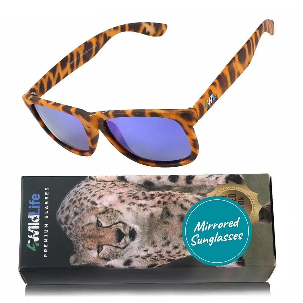 Sleep ZM Cheetah Print Polarized Sunglasses with Blue Mirrored Lens for Blue Light Reduction