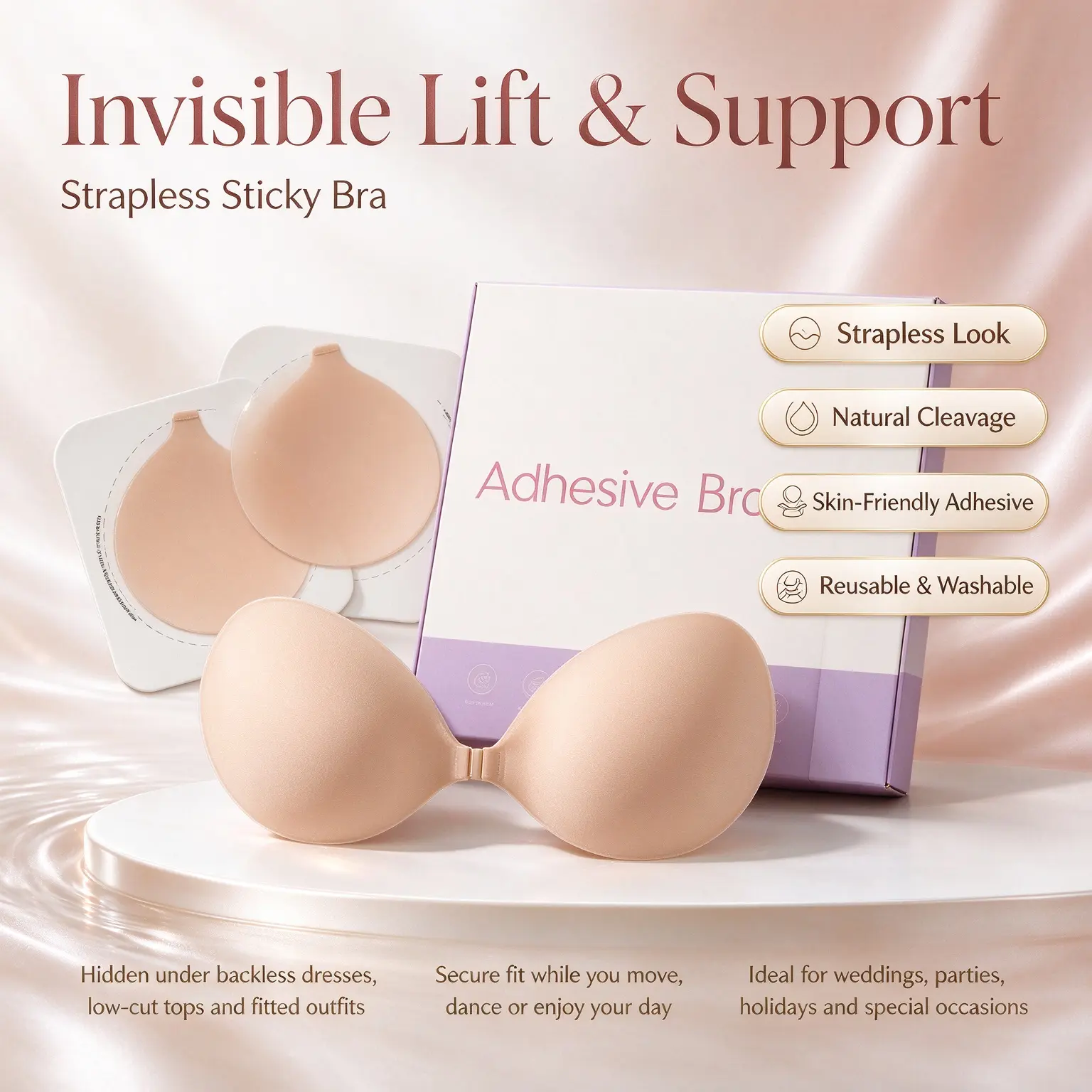 Front Clip Sticky Push Up Bra, Strapless Backless Adhesive Silicone Bra, Invisible Reusable Sweatproof Magic Bra for Wedding Prom Evening Dresses