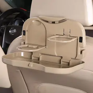Folding Car Back Seat Tray Table with Cup Holder – Travel Food & Drink Stand, ABS Foldable Desk for Rear Passenger Dining & Storage, Beige