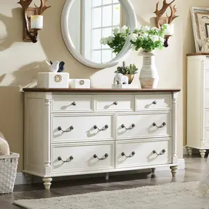 T4TREAM Farmhouse 7 Drawers Dresser Chests for Bedroom w/ 4 Solid Wood Feet & Column Decor, Tall Wide Wood Country Rustic Chest of Drawers, Storage Dressers for Bedroom, Living Room