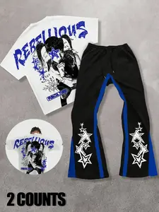 Men's Cartoon Star Print Tee & Sweatpants Set, Loose Casual Fashion Round Neck Short Sleeve T-shirt & Jogger Pants, Men Two-piece Outfits for Summer Clothes