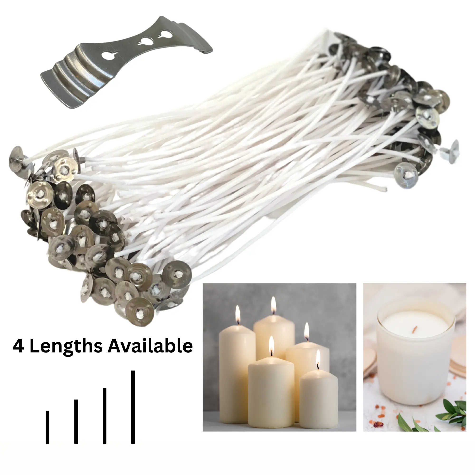 Wicks for Candle Making, Candle Wick Set, Organic Low Smoke Natural Cotton Pre-Waxed Wicks, Gift for Maker, 4 Lengths, Pack of 110 - 130 Pcs