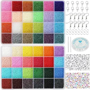 48000- 2mm Seed Beads & Alphabet Beads Kit - 12/0 Ultra-Fine  Making Supplies, Including Elastic String, Earring Hooks & Clasps - -in- DIY Craft Set for Bracelets & Necklaces