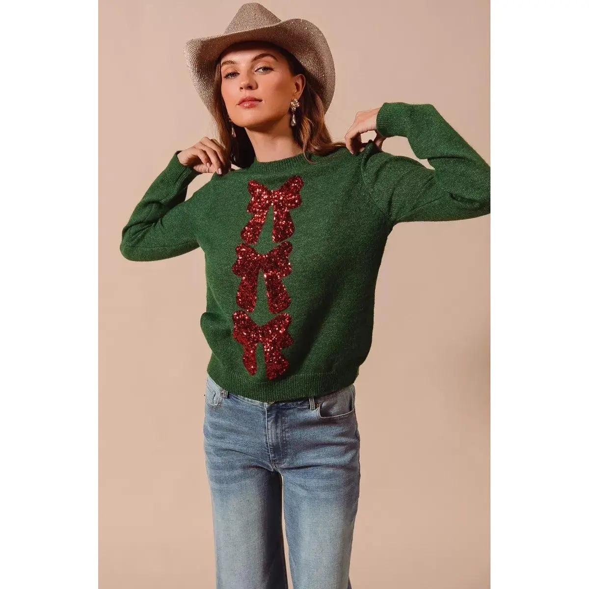 SO ME Sequins Bow Ribbon Embellished Christmas Sweater