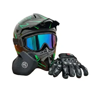 Adult Full Face Pneumatic Helmet, DOT Approved Black Green Tactical Motorcycle Helmet with Goggles & Face Mask, Windproof Breathable Adjustable Safety Helmet for E-Bike, Motocross, Dirt Bike, ATV & Off-Road Cycling
