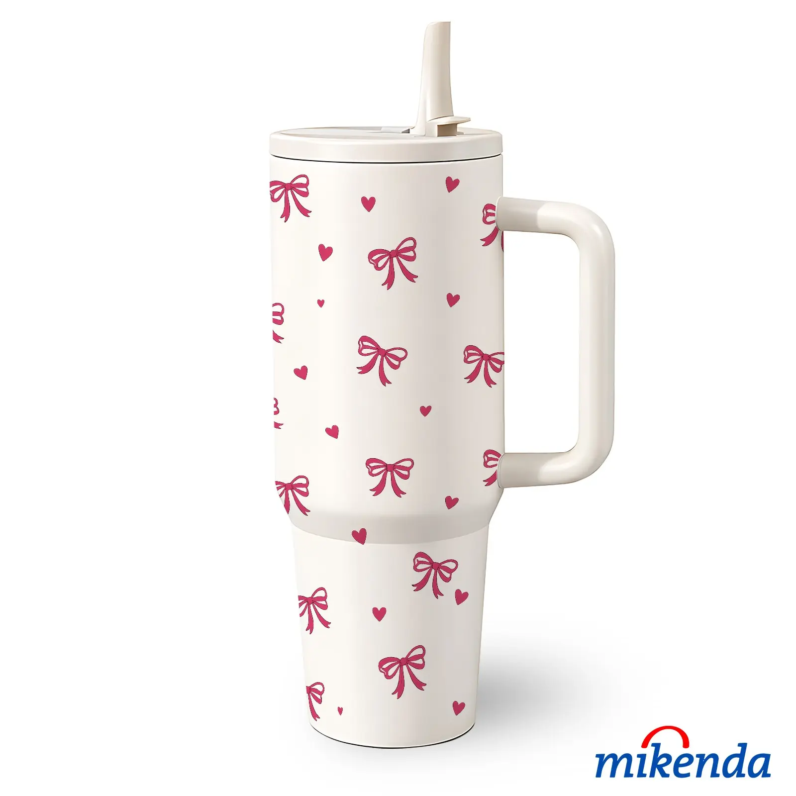 1 Pc 40 Oz Stainless Steel Water Cup with Handle and Straw, Pink Bow and Heart Pattern Design, Double Wall Insulated Thermal Mug, Insulated Thermos, Vacuum Insulated Tumbler, Hot 12H/ Cold 24H, Fun Drinkware, Mother's Day, Easter or Birthday Gift