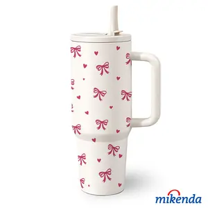 1 Pc 40 Oz Stainless Steel Water Cup with Handle and Straw, Pink Bow and Heart Pattern Design, Double Wall Insulated Thermal Mug, Hot 12H/ Cold 24H, Fun Drinkware, Perfect Mother's Day, Easter or Birthday Gift for Friends.