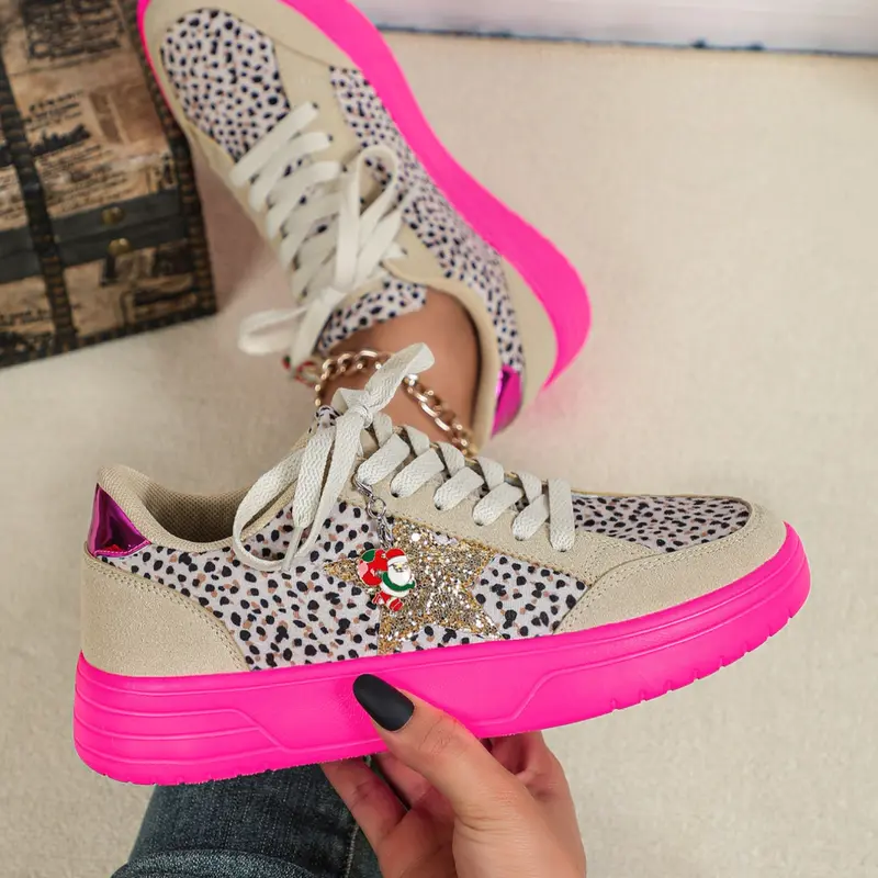 Women's Fashion Leopard Print Casual Sneakers, Trendy Walking Sneaker, Comfortable Breathable Low Top Shoes, Perfect for Party, Christmas Gift, Daily Wear, Casual Lifestyle Sneaker, Footwear Sneakers