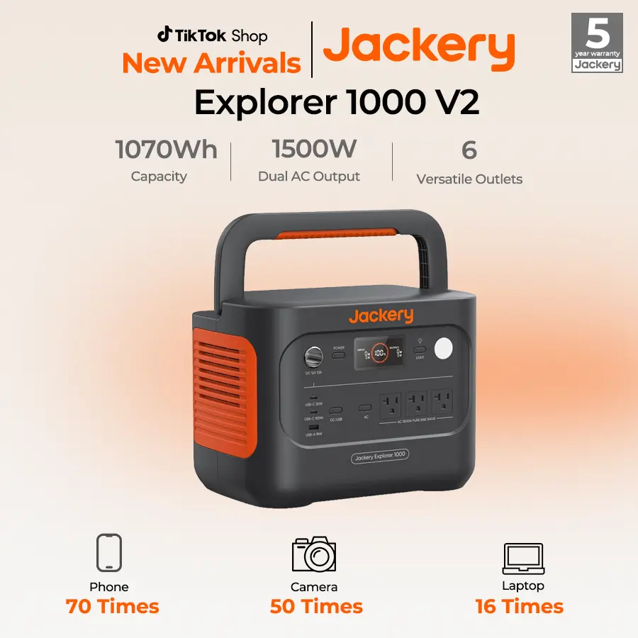 [Opening Ceremony]  Jackery Explorer 1000 v2 portable power station features a 1070Wh lithium iron phosphate battery, 1500W output power, and 1-hour fast charging (a 5-meter extension cable is included free of charge).