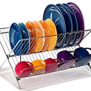 2 Tier Foldable Stainless Dish Drying Rack with Drip Tray & 5 Silicone Buckles for Kitchen Sink Countertop Cutlery Plates Dishes