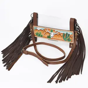 American Darling Western Clear Stadium Crossbody Bag with Hand Painted Scene | Genuine Leather Fringe Purse for Women