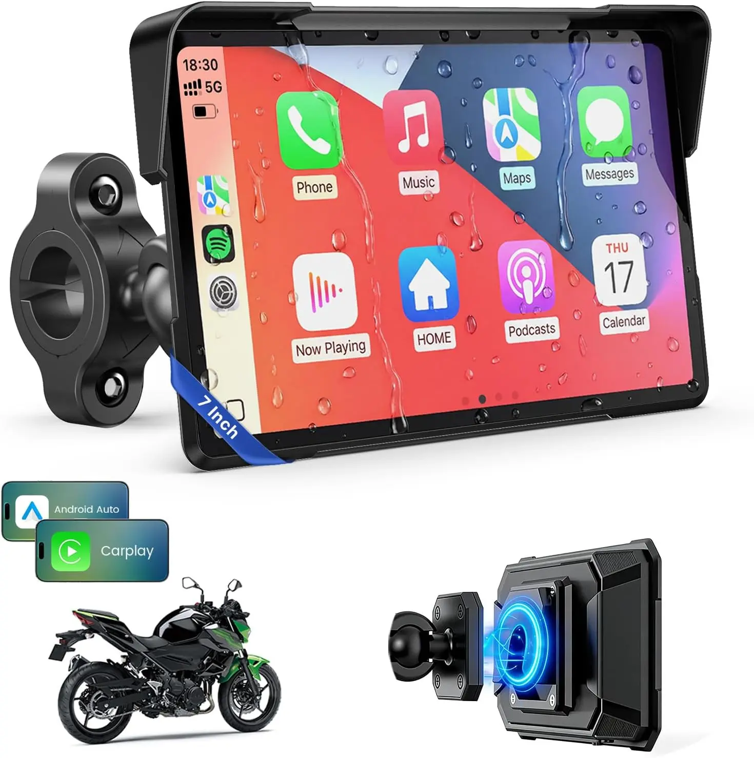7 Inch Wireless Motorcycle Carplay GPS Navigation System with Apple Carplay and Android Auto Portable Screen with Dual Bluetooth, Navigation, Siri, Google Assistant with Magnetic Mount